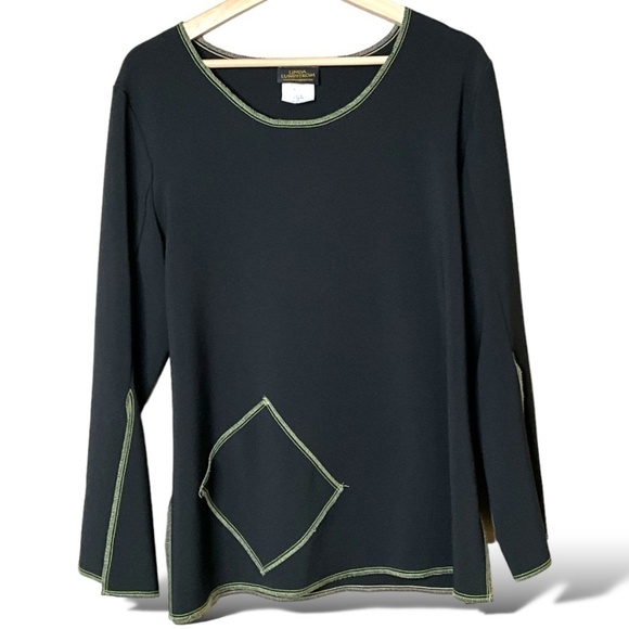 LINDA LUNDSTROM Black Poly / Lycra Stretch Long Sleeve Top Contrast Stitch Sz 12 - Picture 1 of 12